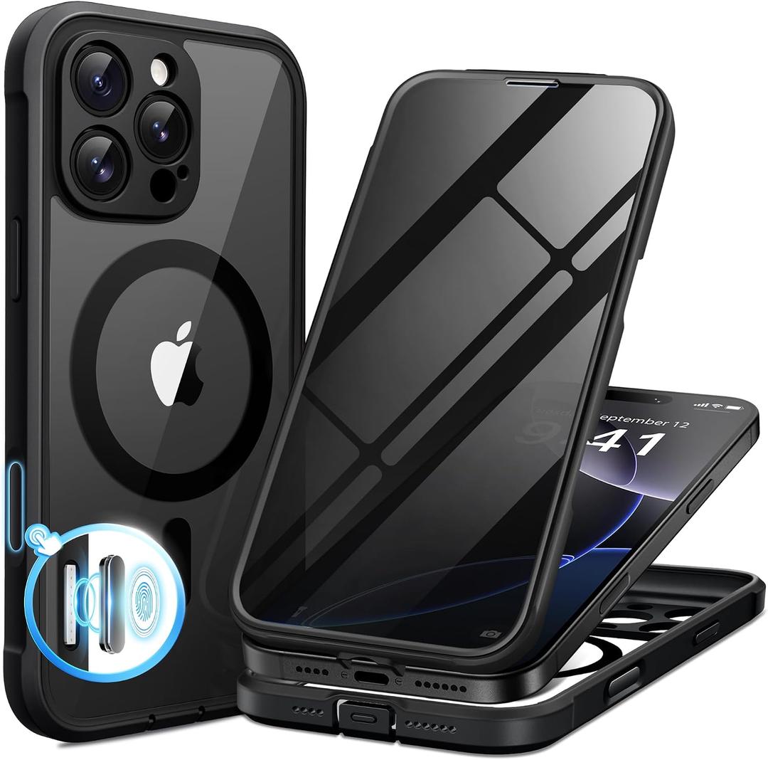 BERFY for iPhone 16 Pro Max Case, Compatible with MagSafe, Built-in Privacy Screen Protector, Camera Protection, Shockproof Full Body Phone Case 6.9", Clear Black