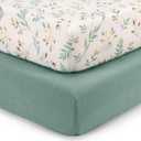 Blissful Diary Muslin Crib Sheets for Girl Boy, Boho Neutral Soft Cotton Baby Sheet for 52''x28'' Standard Crib Mattress, 2 Pack(Roman Green&Leaf)