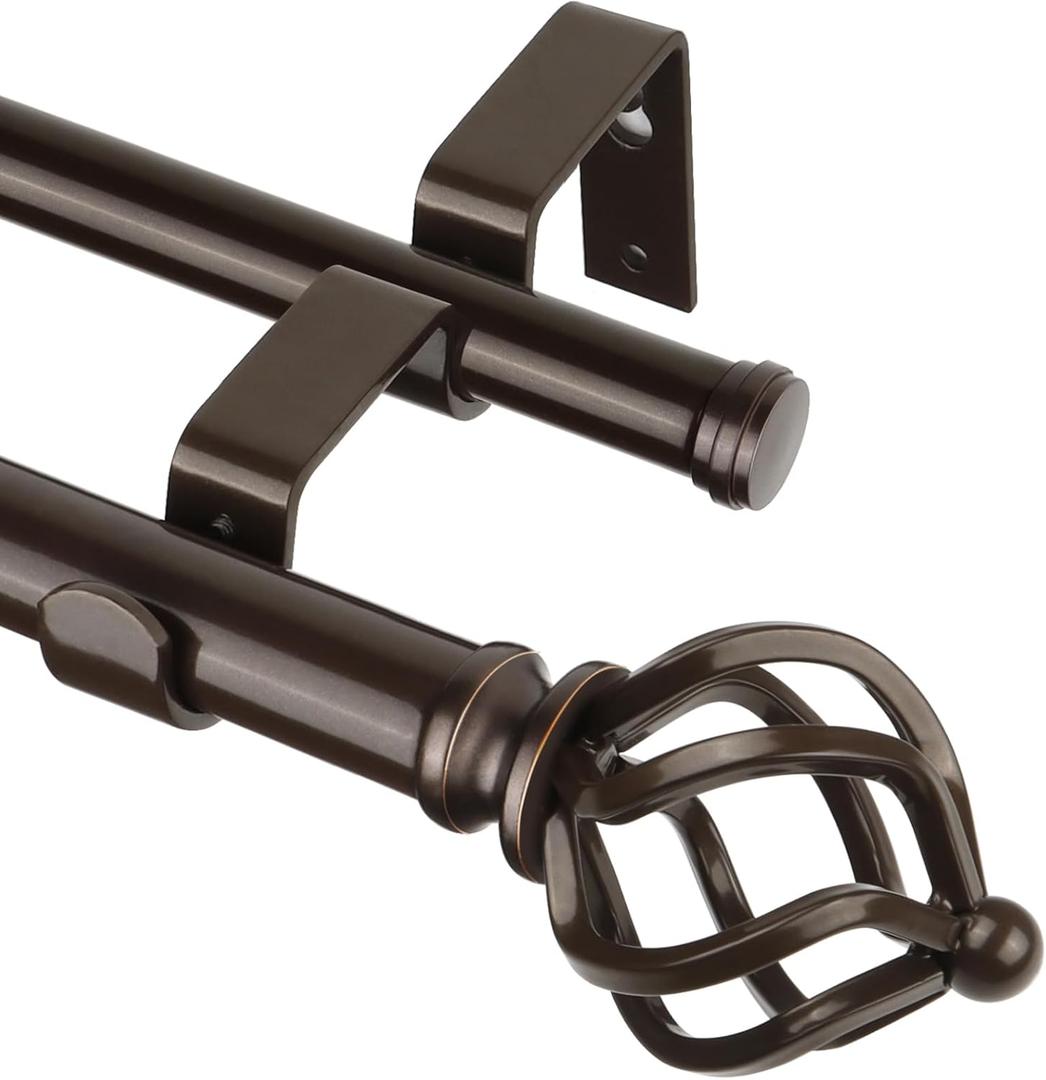KAMANINA Double Curtain Rod 36 to 72 Inches (3-6 Feet) Antique Bronze Curtain Rods for Windows, 7/8 Inch Telescoping Heavy Duty Drapery Rods with Decorative Twisted Cage Finials