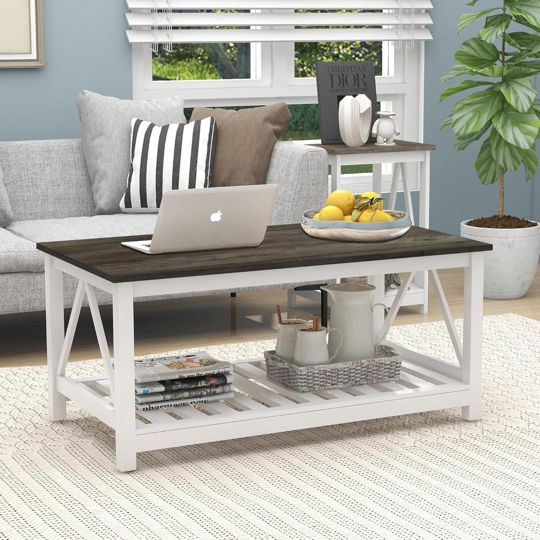 Farmhouse Coffee Table, White OakCoffee Table for Living Room, 2-Tier Rectangular Wooden Centre Cocktail Table with Slats Shelf Storage and V-Shaped Frame Modern Coffee Table Dark Oak
