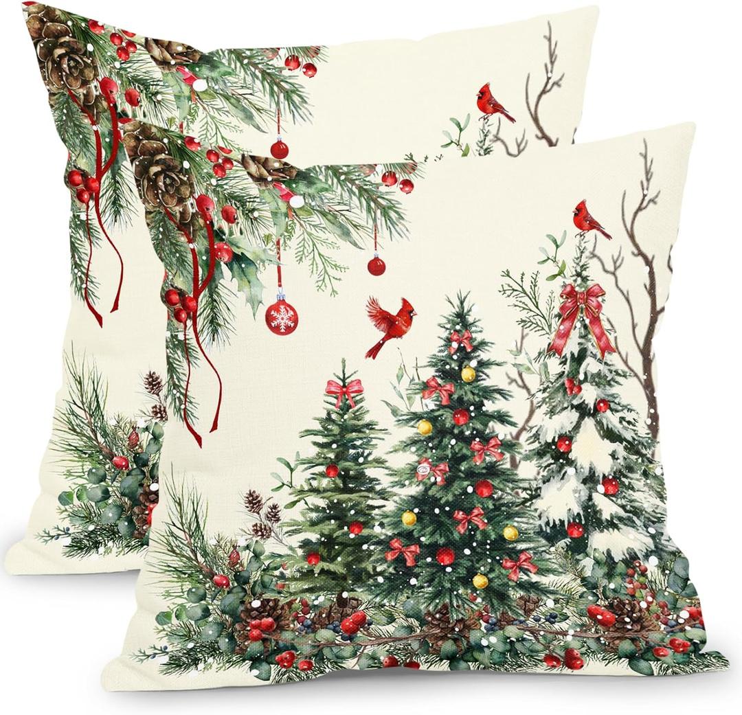 Christmas Pillow Covers 24x24 Inch Set of 2 Rustic Christmas Tree Decorative Outdoor Throw Pillows Winter Green Square Cotton Linen Cushion Case for Sofa Bed Couch Indoor Home Christmas Decor