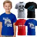 BROOKLYN VERTICAL 4-Pack Boys Short Sleeve Crew Neck T-Shirt with Chest Print | Soft Cotton Sizes 6-20 (Large, Grey, Black, Red, Blue)