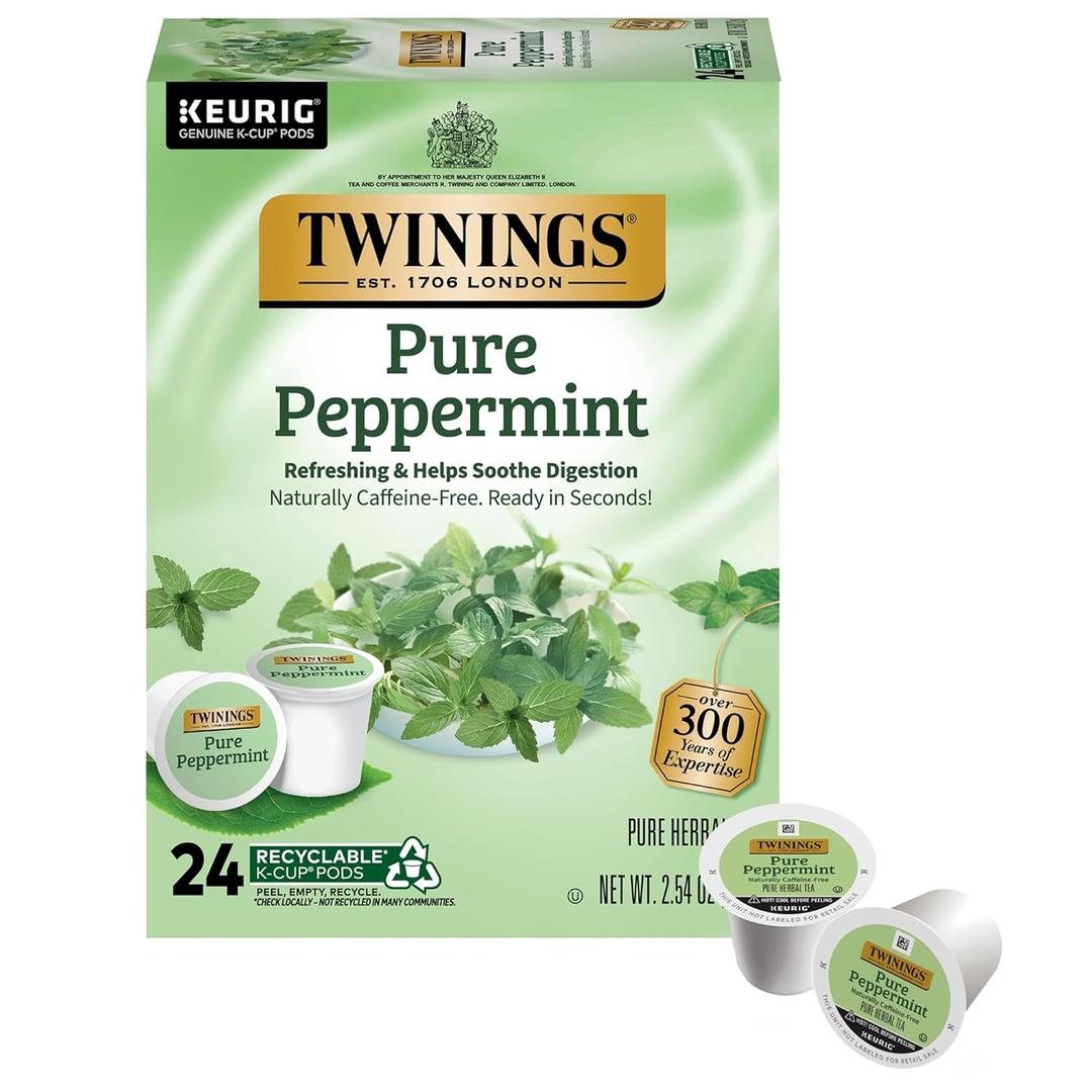 Twinings Pure Peppermint Herbal Tea K-Cup Pods for Keurig, 24 Count (Pack of 1), Made with 100% Pure Peppermint, Naturally Caffeine-Free, Enjoy Hot or Iced (EXP 10/12/28)