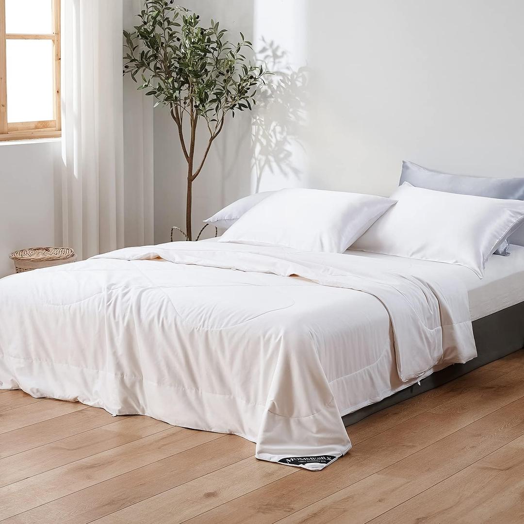 Mommesilk 100% Silk Comforter Queen Summer Lightweight Pure Silk Duvet Insert Cotton Cover Quilt White 87"x90", Net Net Filling Weight 0.75kg