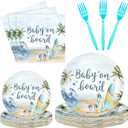 Sunnyray 96 Pieces Baby Shower Plates and Napkins Party Decorations Supplies Baby Shower Party Dessert Plates Napkins Forks for 24 Guests(Baby on Board)