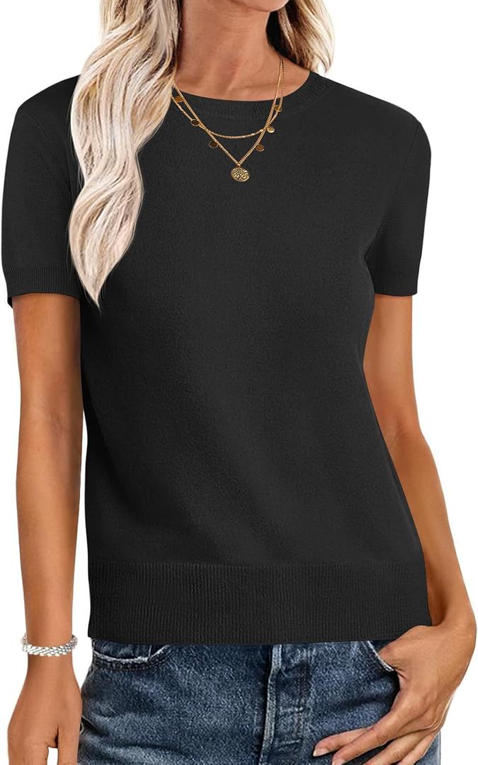 ANRABESS Womens Short Sleeve Sweaters Wool Blend Crew Neck Sweater Shirts Business Casual Work Tops 2026 Summer Outfits (Medium, Black)
