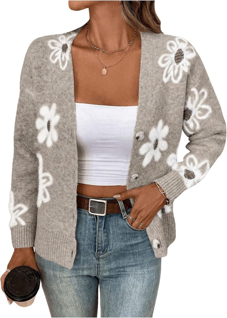 SHENHE Women's Floral Print Button Down Cardigan V Neck Drop Shoulder Knit Outerwear Khaki A Small