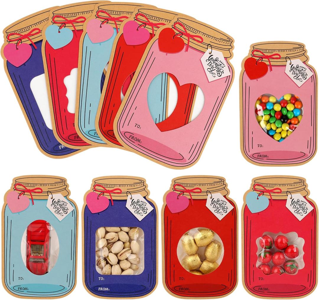 Giiffu 50 Pack Mason Jar Valentine Cards for Kids Classroom, 5 Color Designs DIY Valentines Day Cards with Treat Bags, Candy Valentines for School Exchange Party Favors (Candy Not Included)