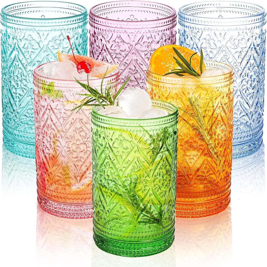 Fasmov 6 Pack 12 oz Drinking Glasses Set, Multicolor Water Glasses Tumblers, Vintage Glassware Drinking Glasses, Heavy Duty Vintage Glassware Set for Whisky, Juice, Beverages, Cocktail, Beer, Milk