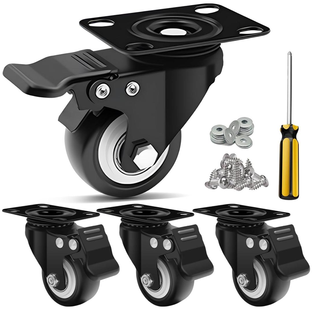 2 Inch Heavy Duty Casters 4 Sets of - Plate Casters with Brake, Bearing 600 pounds, 360 Degree Noiseless Rotating Wheels, Polyurethane (PU) Wheels for Furniture, Carts, Cabinets, Workbenches - Black