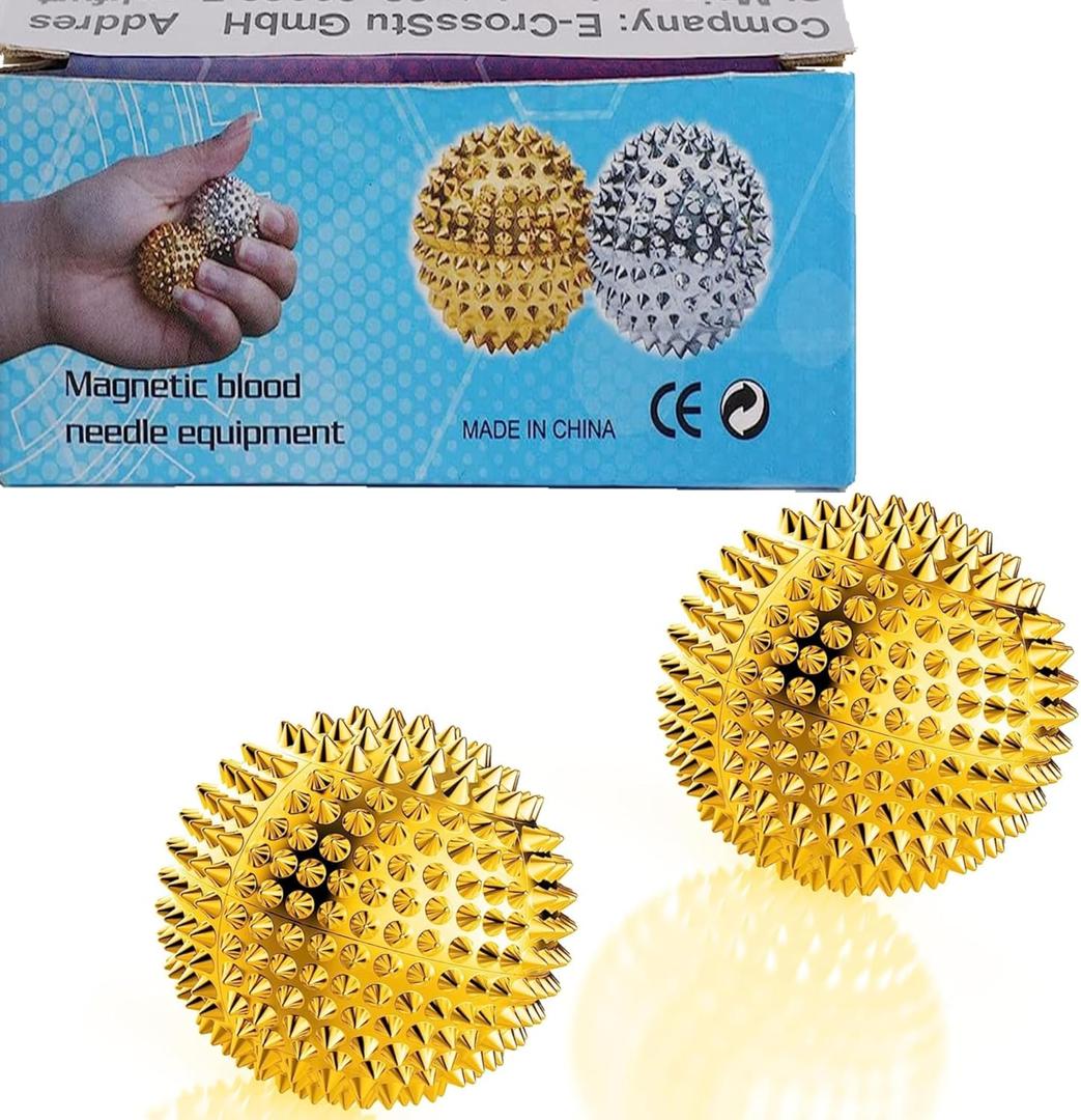 Hand Massage Ball, Spiky Massage Ball, Magnetic Balls Gold Ball 1 Pair, Hand Acupuncture Ball Massage for Adult and Kid, Hand Exercise Squeeze Balls for Pain Pressure and Stress Relief (32 mm)