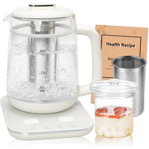 Double-Layer Electric Kettle1.5L with Stew Pot,Glass Health Pot, 9-in-1 Glass Tea Maker, Programmable Touch Panel, Stainless Steel Base for Soup, Porridge, Herbal Tea