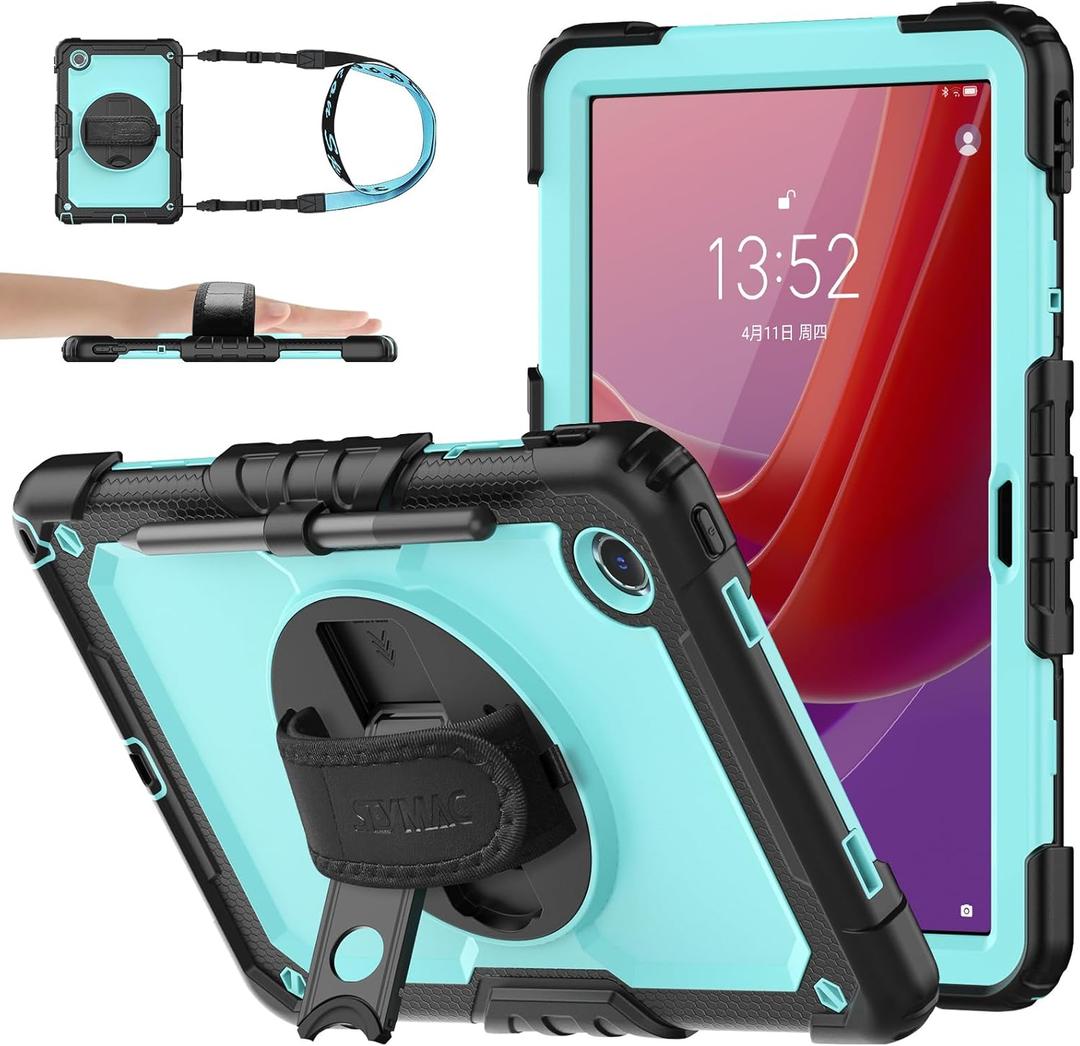SEYMAC stock Tablet Case for Lenovo Tab M11 (TB-330FU/TB-330XU) 11 inch Drop-Proof Protection Cover with 360 Rotate Stand & Strap [Pen Holder] & Screen Protector/K11/Xiaoxin Pad 2024, Sky Blue+Black