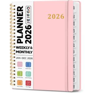 2026 Planner, Weekly and Monthly Calendar Planner Book, January 2026 - December 2026, Hardcover Spiral Planner with Monthly Tabs, Notes Pages, Perfect for Women & Men, A5 (6.4" x 8.5") - Pink