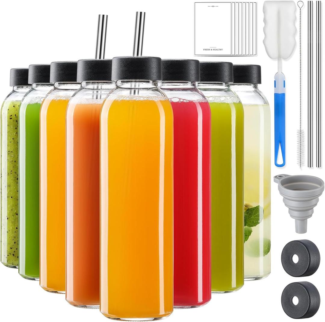 8 Pack 18 oz Glass Juice Bottles with 2 Stainless Straws & 2 Lids w Hole, Reusable Water Bottles for Juicing, Smoothies, Kombucha with Brushes & Airtight Lids for Refrigerator, BPA Free & Leak Proof