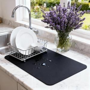 Dish Drying Mat Super Absorbent  16" x 12" Coffee Mat for Countertops  Non-Slip Drying Mat for Kitchen Counter  Easy to Clean Water Absorbent Mat  Quick Dry Dish Drying Mats (Black)