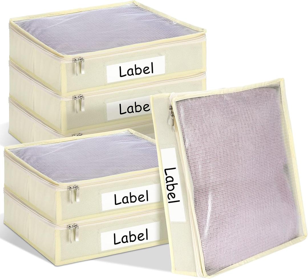 Panelee 6 Pcs 14 x 12 x 3 Inch Sweater Storage Bags Easy Gliding Zippered Sweater Package Organizer Closets Under The Bed Zippered Storage Bags with Label Pocket to Avoid Dust Dirt(Beige)