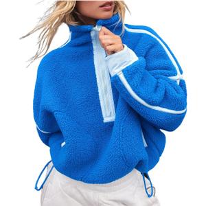 Women's Fleece Sweatshirts Half Zip Pullover Long Sleeve Oversized Workout Crop Tops Hoodie with Pocket (Medium, Blue)