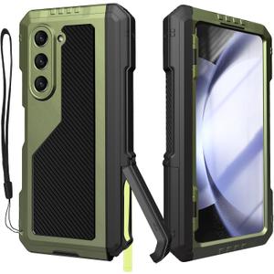 for Samsung Galaxy Z Fold 5 Metal Case with Slim S Pen Holder, Rugged Heavy Duty Z Fold 5 Case with Built-in Screen Protector, Kickstand, Military-Grade Drop Protection, Green