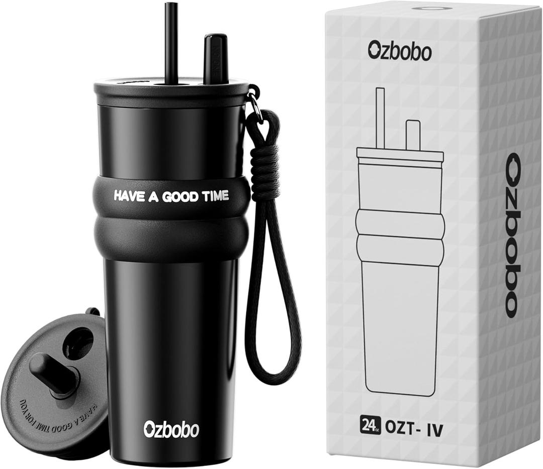 24oz Stainless Steel Insulated Water Bottle Wtih Straw And Lid,Travel Coffee Tumbler For Cold 6H Hot 12H,Insulated Tumblers For Men Women Coffee Cup Used For Travel School Daily Sports (Black)