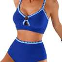 Herseas Womens Textured Bikini Sets High Waisted Push Up, Blue Swimsuit, L