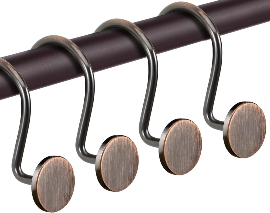 CHICTIE Bronze Shower Curtain Hooks, Oil Rubbed Rustproof Shower Curtain Rings for Bathroom, Metal Decorative Shower Hooks for Shower Curtain Rod, Set of 12 Shower Hangers Round Heavy Duty Design