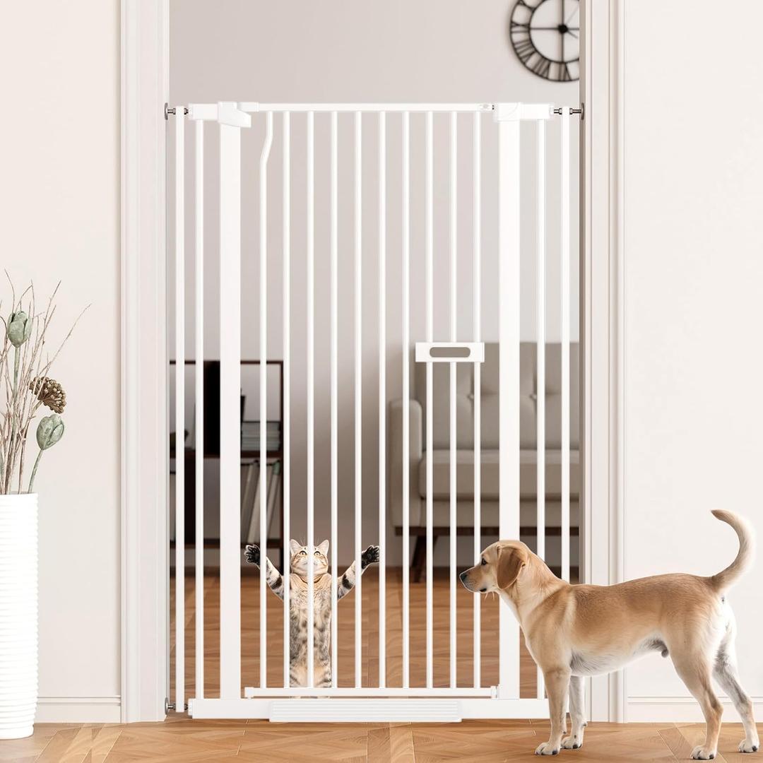 55.1" Extra Tall Dog Gate Indoor for Doorways, 30.1-33.8" Wide Cat Pet Gate for Stairs, 1.37" Gap No Drilling Auto Close High Pressure Mounted for Kitchen/Hallways, White