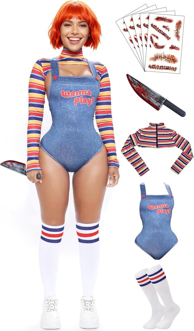 5 SizesHalloween Chucky Costume for Women Wanna Play Bolero Top Overall Bodysuit Knee-high Socks Scar Tattoos Prop Knife