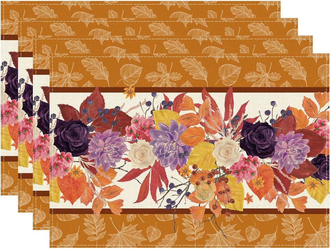 XCHI Fall Color Maple Leaf Wild Flower Placemats Set of 4 Table Mats for Party Home Kitchen Dining Table Decorations 12x18 Inch