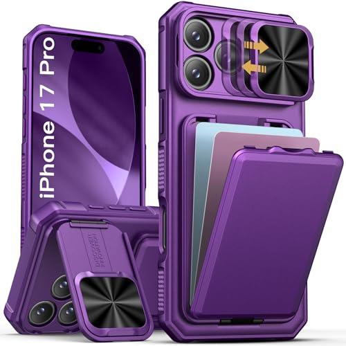 SSLOTSCASE for iPhone 17 Pro Case with Card Holder & Sliding Camera Lens Cover & Hidden Kickstand & Camera Stand & Wallet, Silicone Edge Durable Protective Case Cover for iPhone 17 Pro 5G, Dark Purple