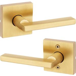 Kwikset Halifax Slim Square Passage Door Lever, Modern Interior Hallway and Closet Door Handle, Non-Locking Reversible Leverset, Satin Brass Finish