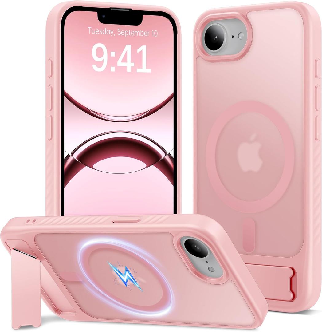 Eastinbox Magnetic for iPhone 17e & iPhone 16e Case with Stand [Compatible with MagSafe] [Built-in Invisible Kickstand] Matte Back Protective Phone Case for iPhone 17 e/16 e 6.1", Matte Pink