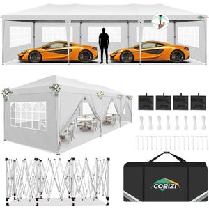 COBIZI 10x30 Pop up Canopy Tent for Parties with 8 Removable Sidewalls, Waterproof UPF 50+ Commercial Event Tent, Protable Outdoor Canopy with 4 Sandbags for Wedding, Backyard(10x30FT, White)