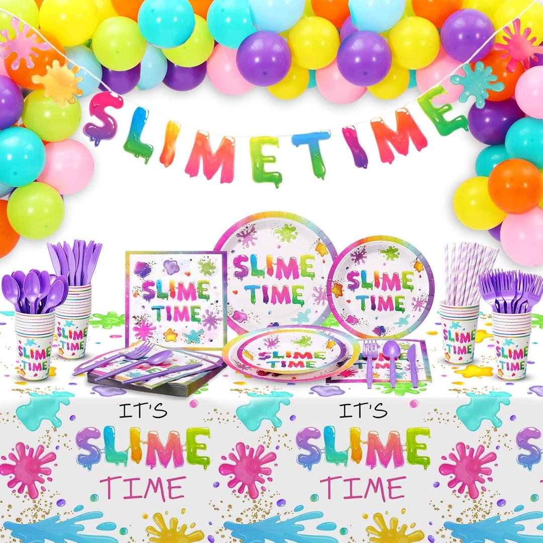 213 Pcs Slime Party Decorations Include Balloons Banner Tablecloth Plates Napkins Cups and Cutlery Set for Birthday Art Painting Slime Time Splatter Splash Supplies Party Decors, Serves 25