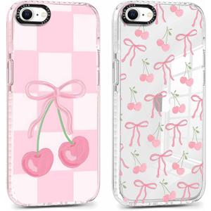 2 Pack Cute Coquette Bow Phone Case for iPhone 7/8 / SE 2020/2022 4.7", Clear Aesthetic Pink Cherry Ribbon Checkered Pattern Print Design Women Girls Case Soft Shockproof TPU Funda Cover