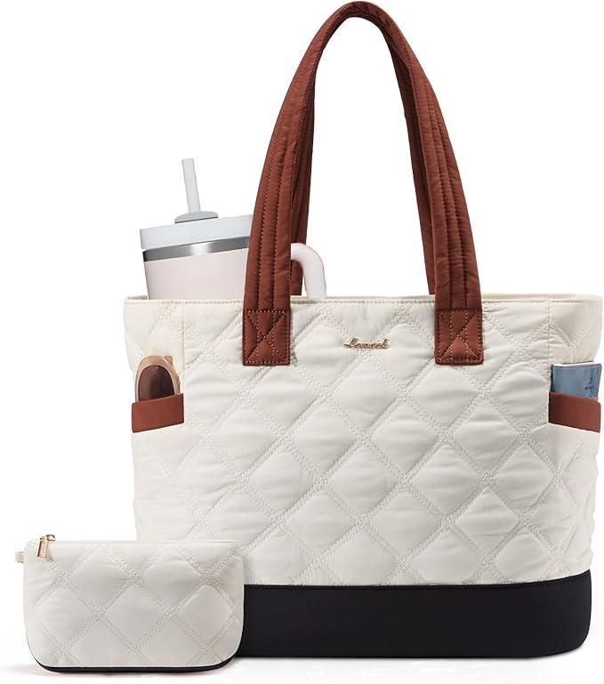 LOVEVOOK Tote Bag for Women, Quilted Work Puffer Bag with Large Water Bottle Holder for Travel, Daily, Nurse Bag Handbag, 15.6 inch