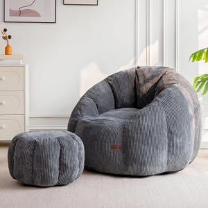 MAXYOYO Giant Bean Bag Chair with Ottoman, Pumpkin-Shaped Bean Bag Sofa with Footstool, Oversized Boneless Couch Chair in a Box, Comfy and Lazy Lounge for Dorm, Living Room, Bedroom, Dark Grey