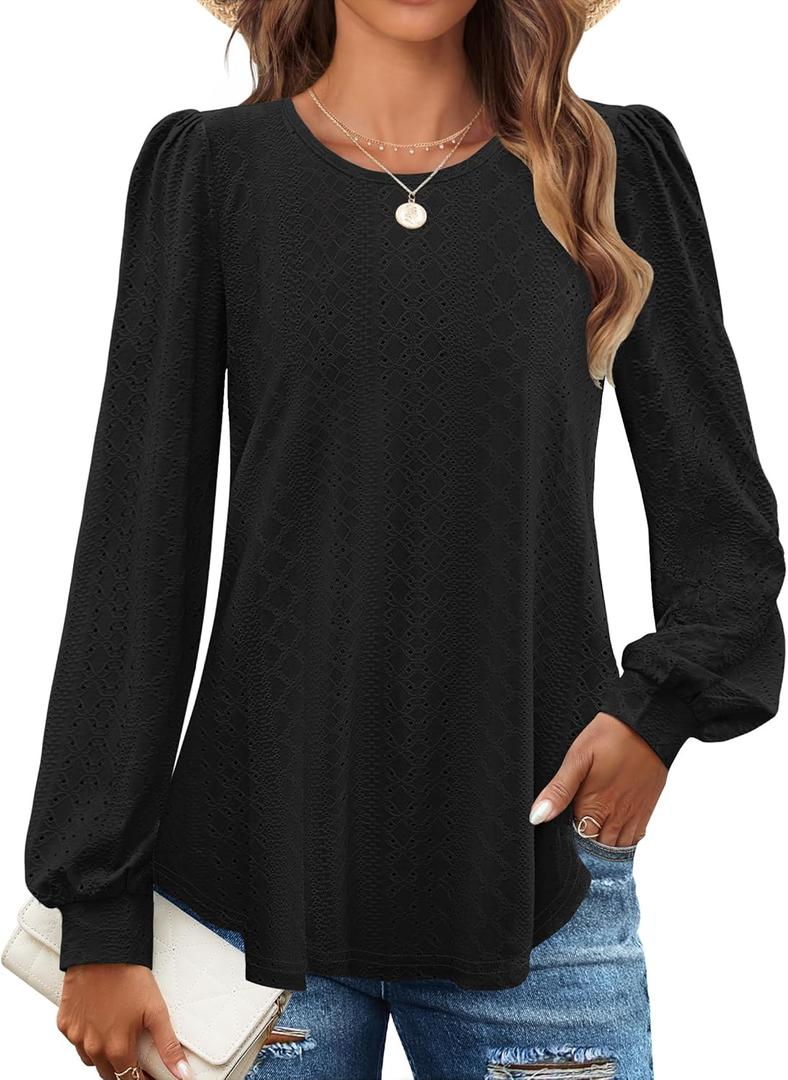 ZESICA Long Sleeve Eyelet Tops for Womens Crew Neck Spring Shirts Casual Loose Blouses 2026 Trendy Clothes (Black, S)