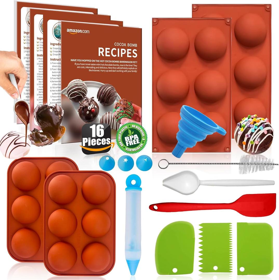 Cocoa Bomb Molds Kit with 2& 2.5"Silicone Molds, 8-Piece Tools for Chocolate Bomb, Cake, Dome Jelly - Reusable Non-Stick Baking Supplies, Food-Grade Heat Resistant Semi Sphere Mold for DIY Desserts (Round - SET)