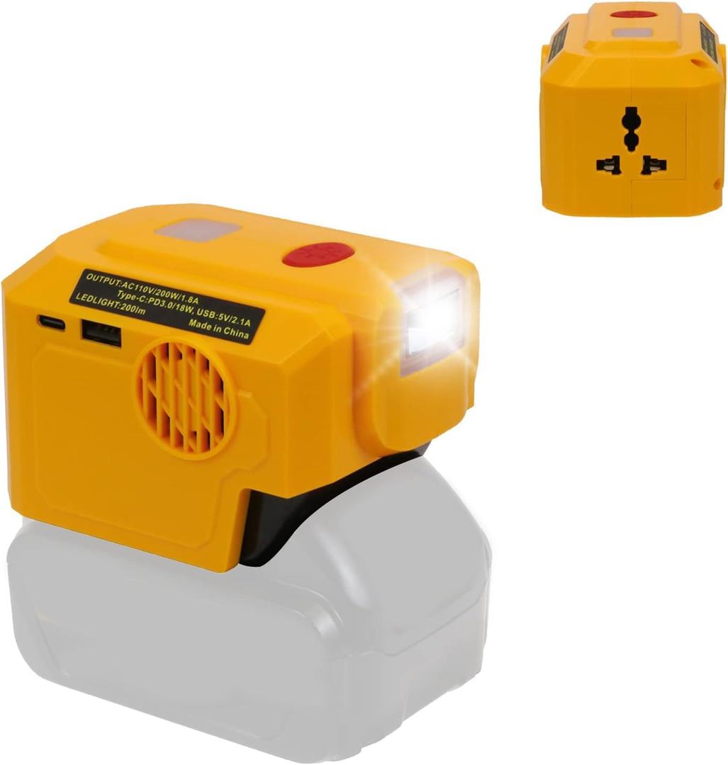 200W Power Inverter for Dewalt 20V Battery Adapter, Portable USB Charger Adapter DC20V- AC110V with Type C & USB& LED Light & AC Outlet, Powered Inverter Generator for Camping, Hiking (Inverter only)