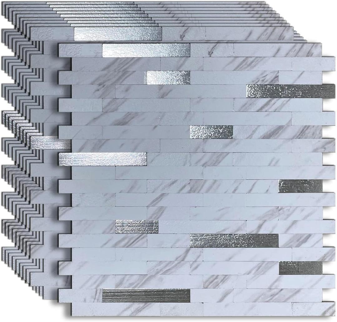 YMMXGE 10-Sheet Peel and Stick Backsplash Stone Marble Tiles, PVC Metal Wall Sticker for Kitchen 9.74 sq .ft (10, White Stone)