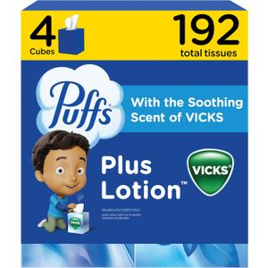 Puffs Plus Lotion with Vicks Facial Tissues, 4 Cubes, 48 Tissues per Box (192 Tissues) [Packaging May Vary]