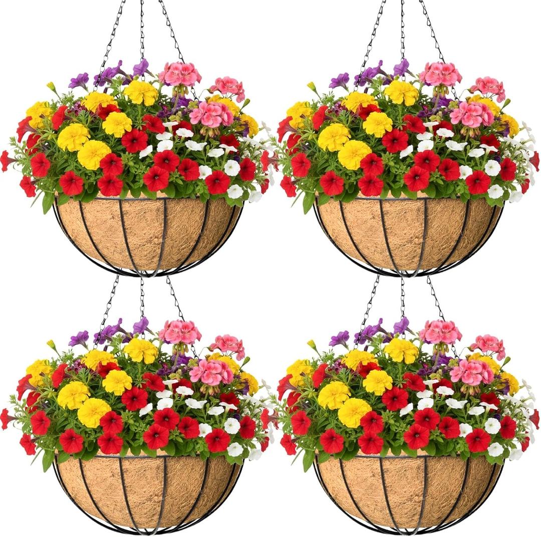 4 Pack 16 Inch Hanging Baskets for Plants Outdoor Metal Hanging Planter Basket with Coco Coir Liner Hanging Flower Baskets Hanging Flower Pots Holder for Garden, Patio(Watermelon)