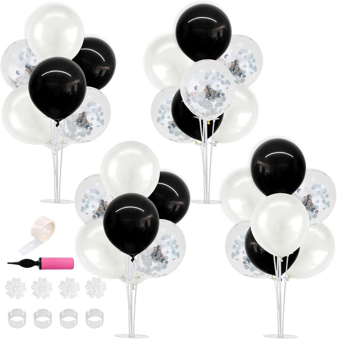 TONIFUL 4 Set Black and White Balloon Centerpiece for Table, Balloon Stand Kit for Birthday, Anniversary, Wedding, Halloween and Black White Party Decorations,2026 Graduation Decorations,Retirement, 12 inch