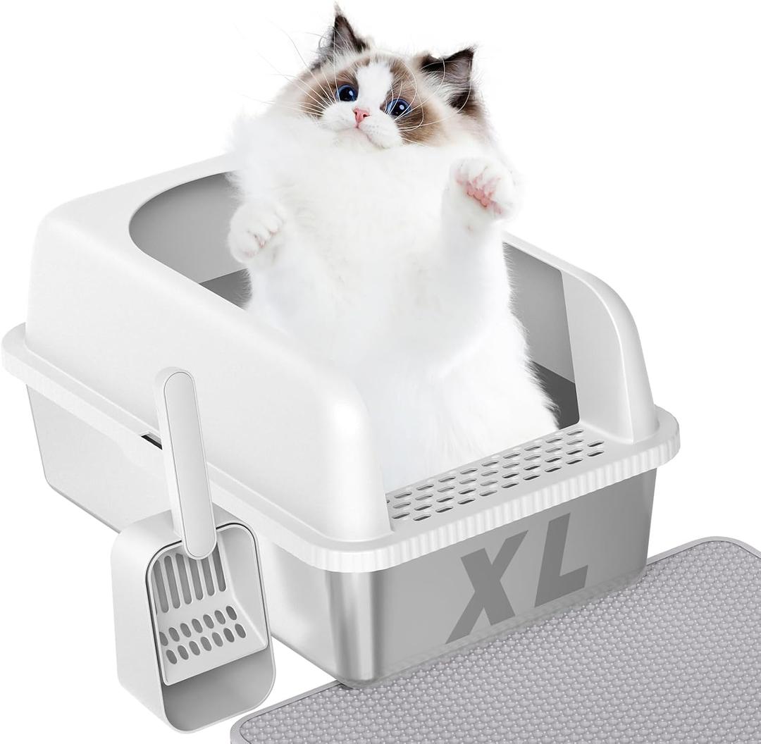 Prodigen Extra Large Stainless Steel Cat Litter Box with Lid High Wall Sides Enclosure, Non-Sticky, Anti-Leakage, Easy Cleaningwith Cat Mat & Metal Scoop, 24" L x 16" W x 12" H