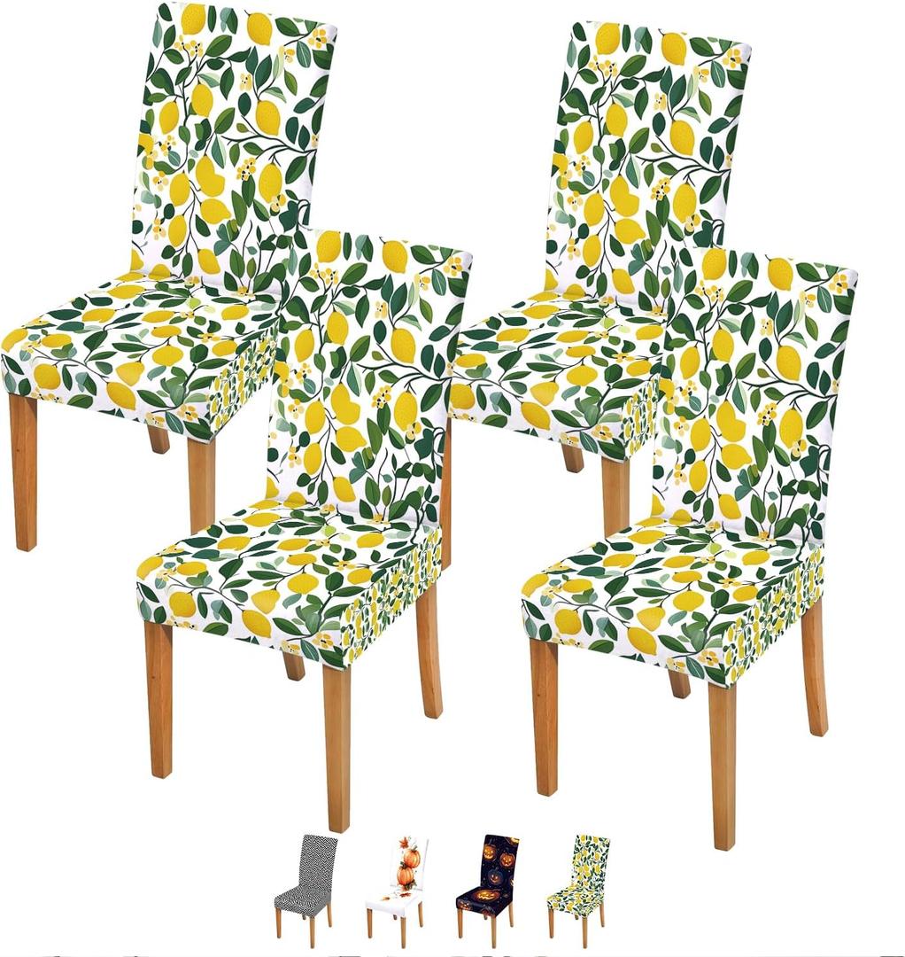 ANNA QUEEN Lemon Print Chair Covers for Dining Room Kitchen Set of 4 Summer Fruit Washable Stretch Slipcovers for Dining Chairs