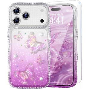 QVLANG for iPhone 17 Pro Max Case Glitter, 3D Butterfly & Pearls Design with Wave Frame, Diamond-Encased Edges & Built-in Camera Protector, Cute Sparkling Phone Cover for Girls Women, Gradient Purple