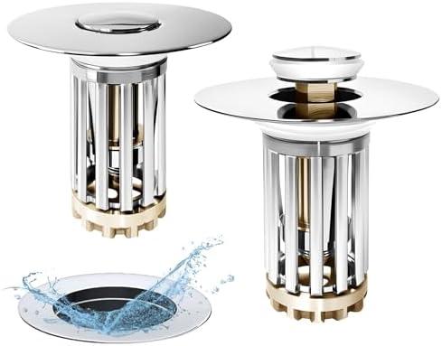 WSYLEN Bathroom Sink Drain Strainer, Bathroom Sink Stopper Pop Up with Two-Section Removable Brass Basket Hair Catcher, Universal for 1.1 to 1.6in Drain, Chrome Silver, 2 PCS, Set of 2