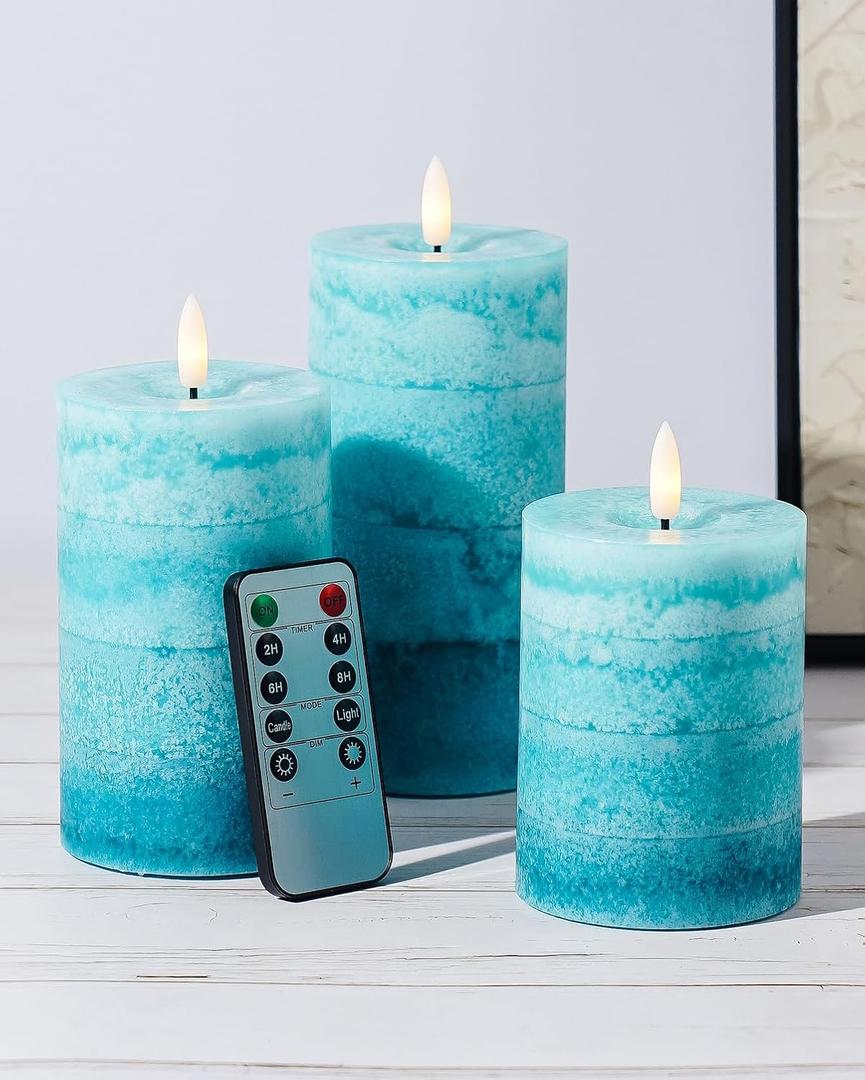 Gradient Teal Flameless Candles with Remote and Timer, Real Wax Made LED Pillar Candles Battery Operated with 3D Flickering Flame - 3" x 4",5",6" - Set of 3 Turquoise Candles