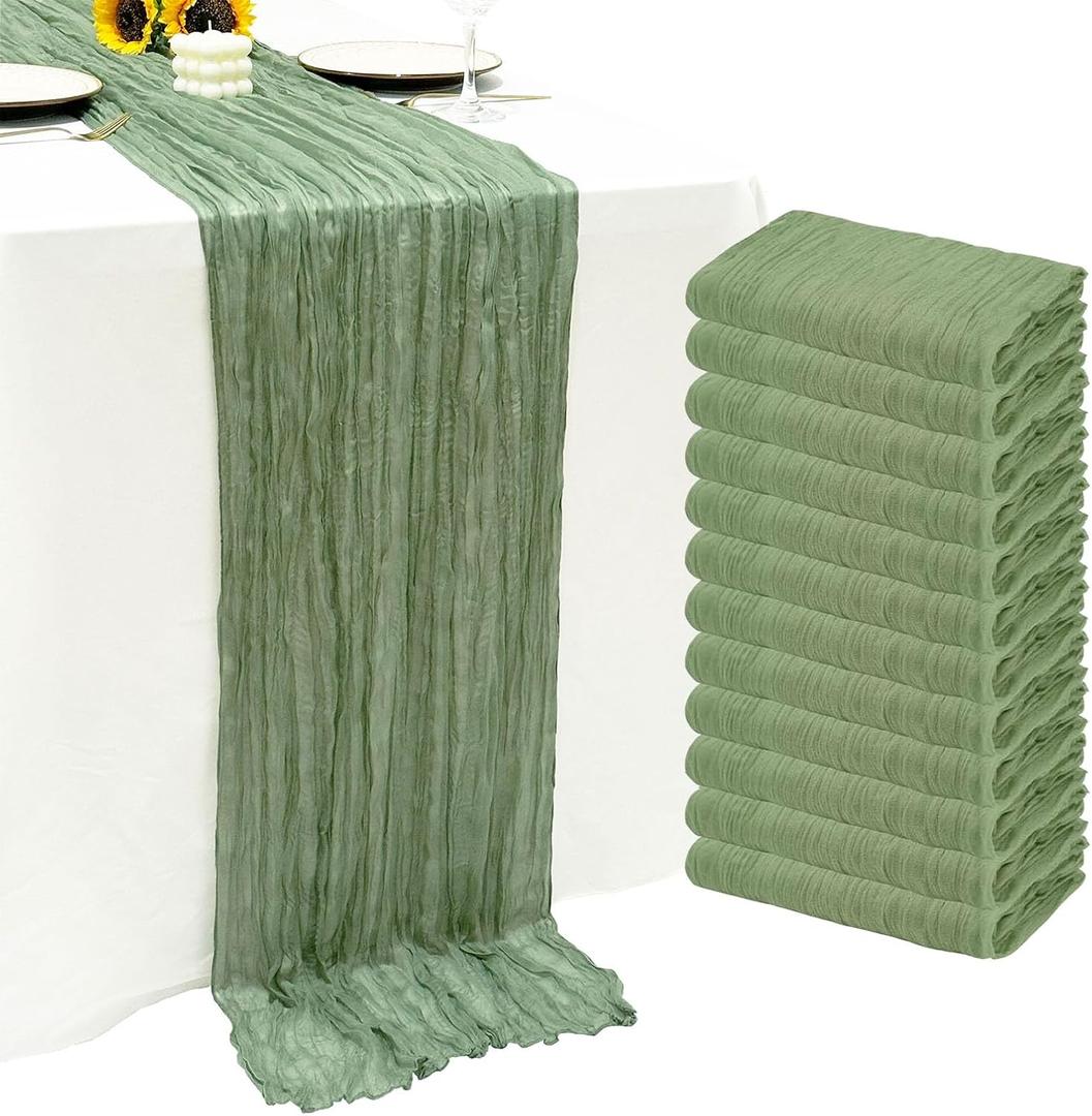 12Pack Sage Green Cheese Cloth Table Runner 10Ft Cheesecloth Table Runner Boho Gauze Table Runners Sage Green Wedding Decor for Party Bridal Shower Thanksgiving Christmas, 12 Pack 20 x 120 inch